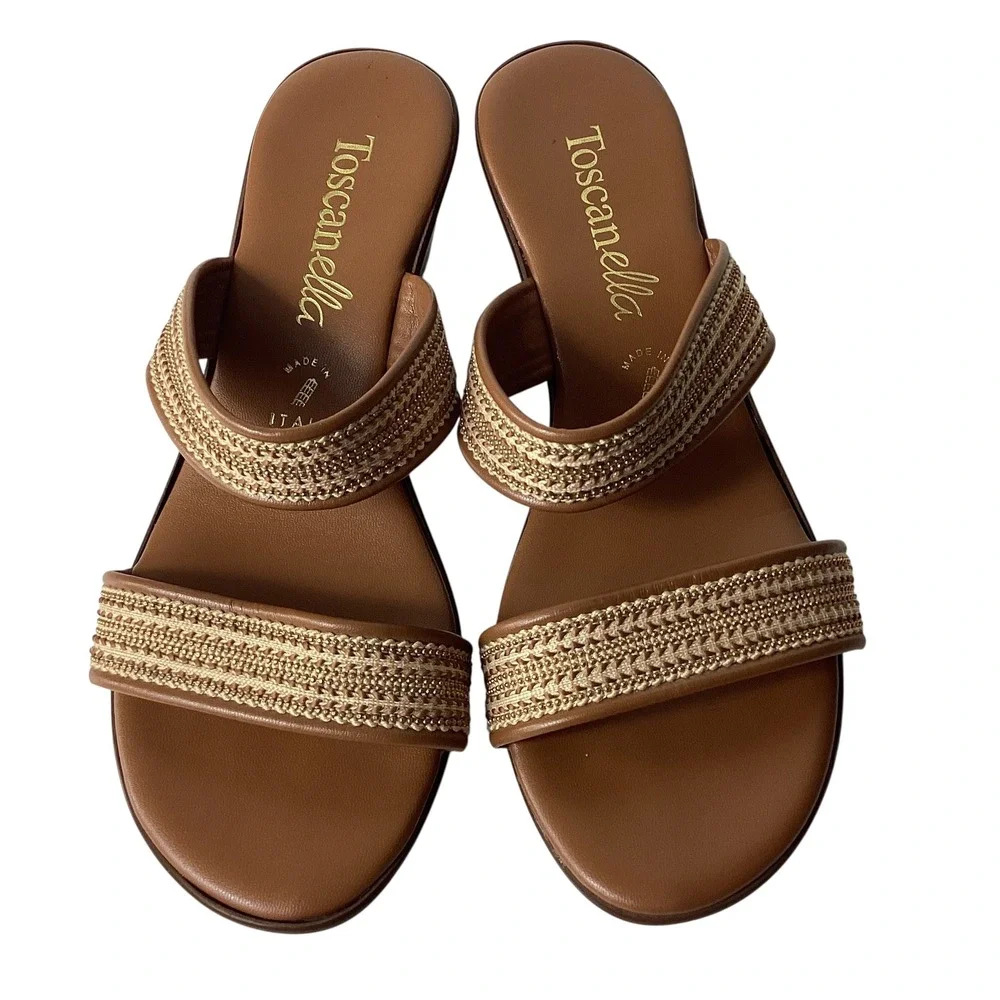 Toscanella Italian Brown Leather Wedge Sandals Gold Woven Slides Size 8 Italy
